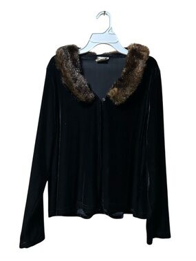 Vintage Clio Black Velvet Cardigan Sweater With  Faux Fur Collar Size L 90’s Y2K